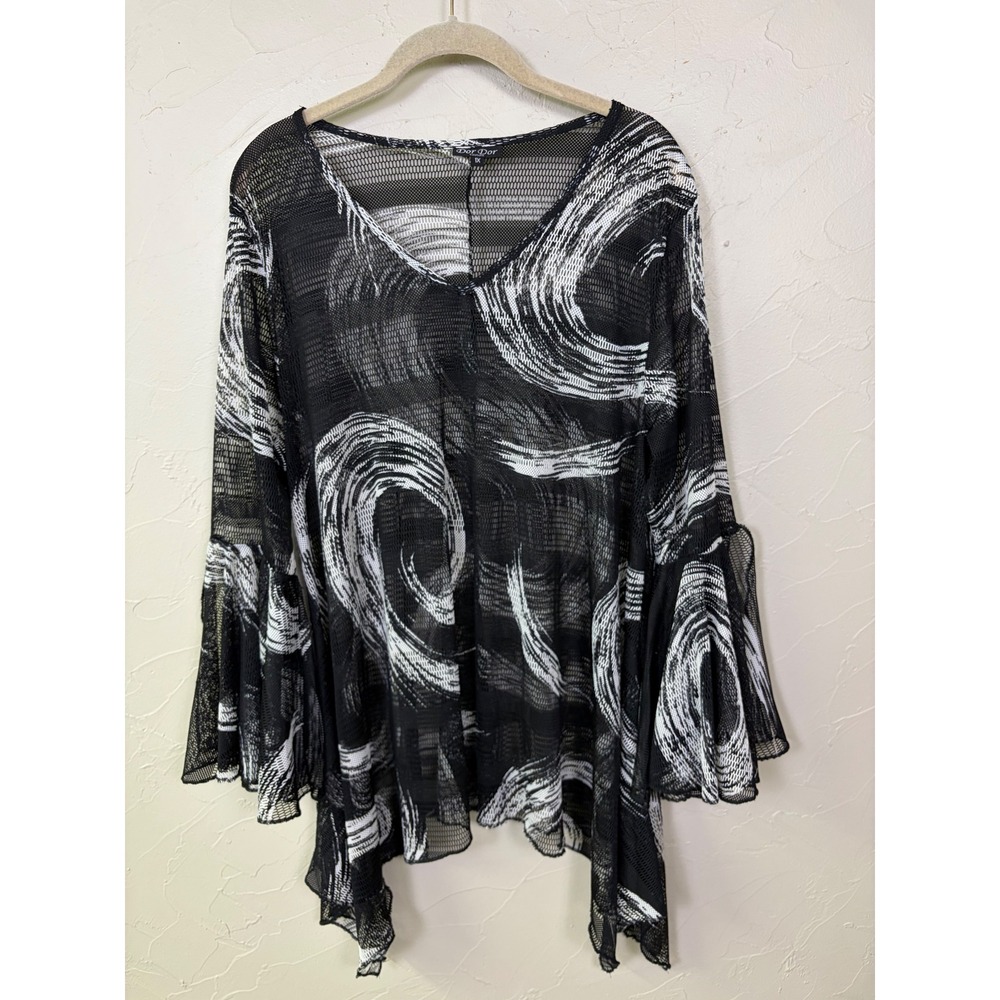 Dor Dor‎ Couture Mesh Top Cover-up Womens 1X Black Bell Sleeve Sharkbite Hem